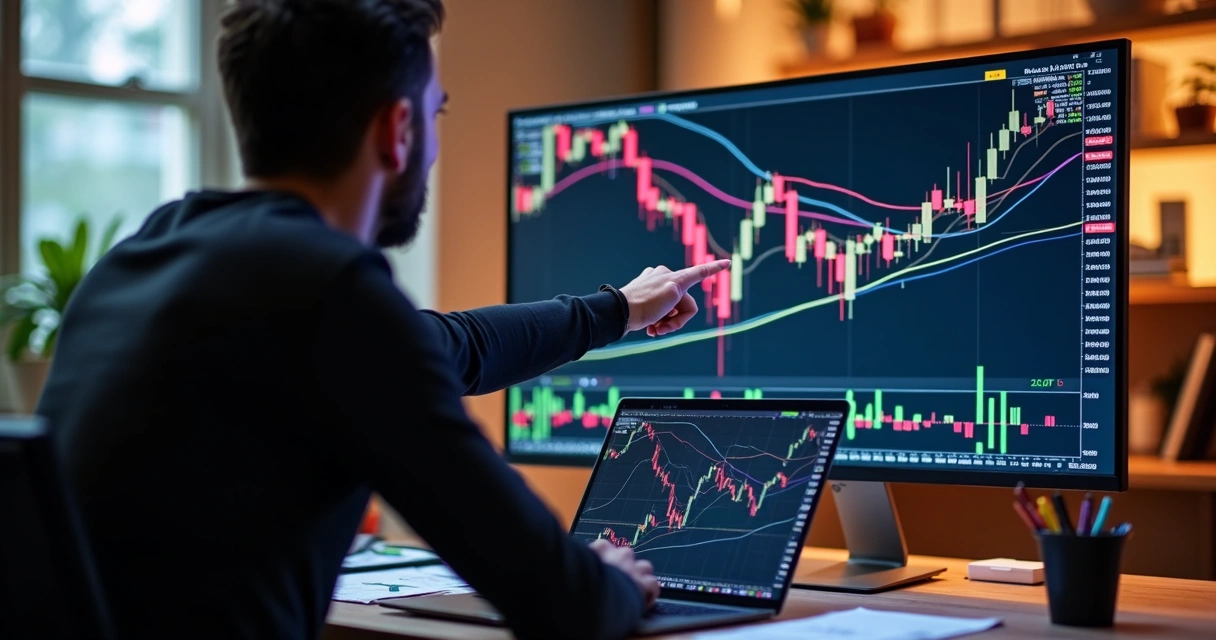 Pessoa analisando gráfico de trading com zonas de preço destacadas.
