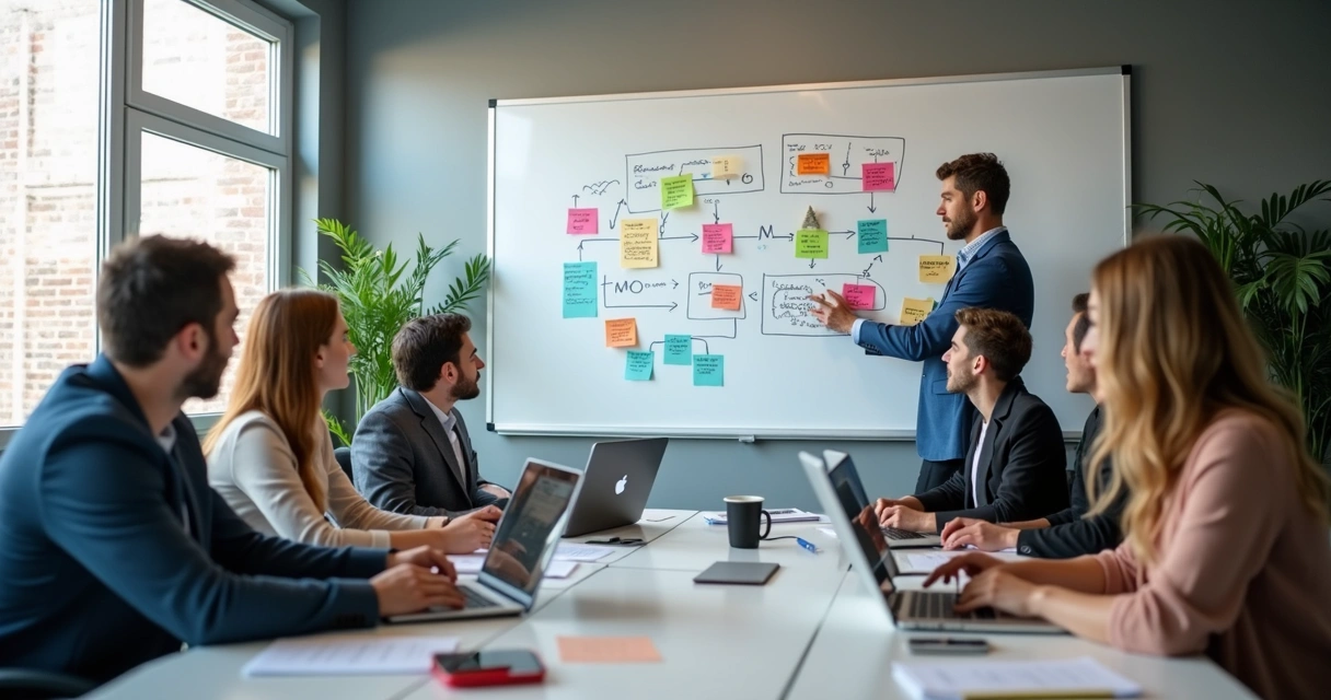 Equipe de marketing planejando estratégias de vendas digitais em um quadro branco 