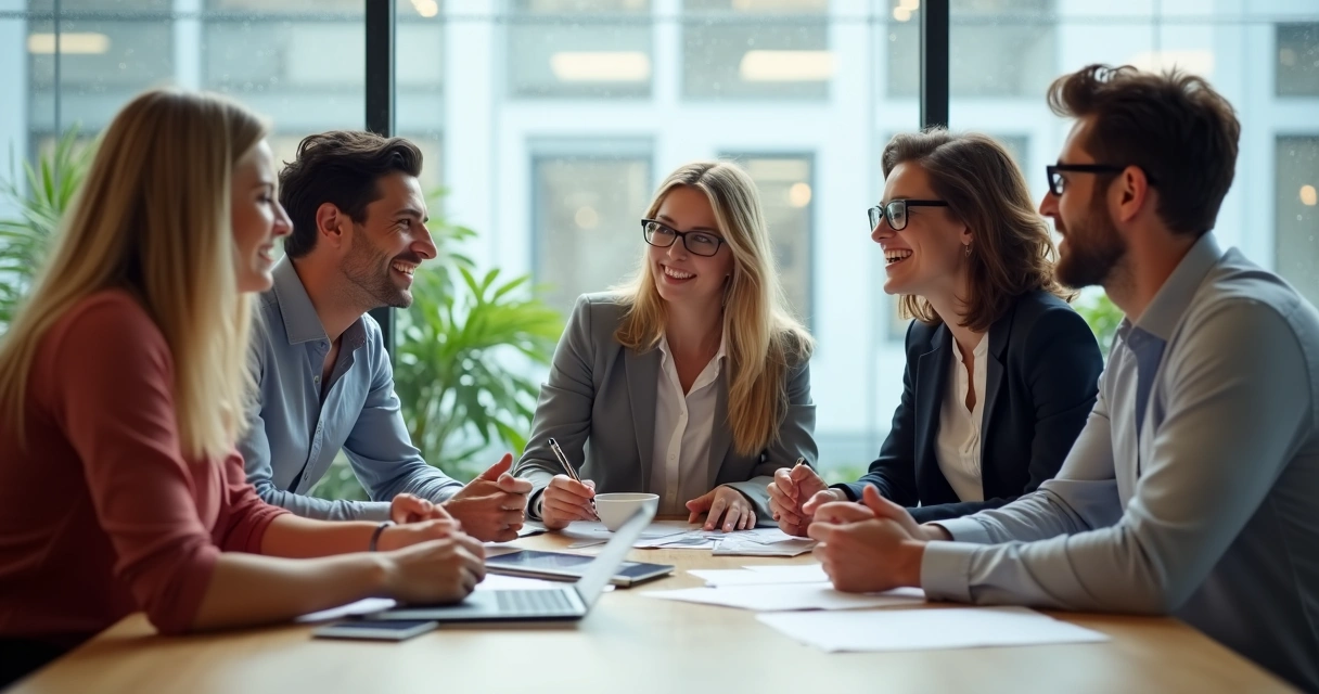 Grupo de personas reunidas debatiendo ideas en oficina moderna 