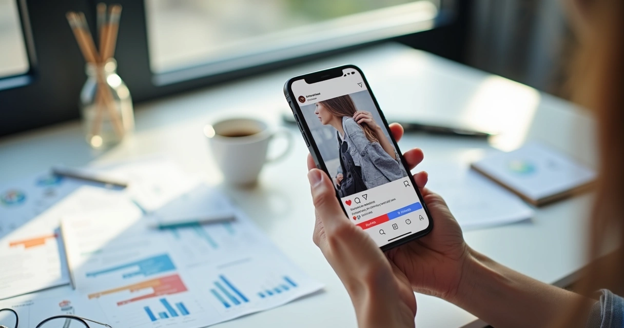 Tela de celular mostrando Instagram com diferentes hashtags destacadas na tela. 