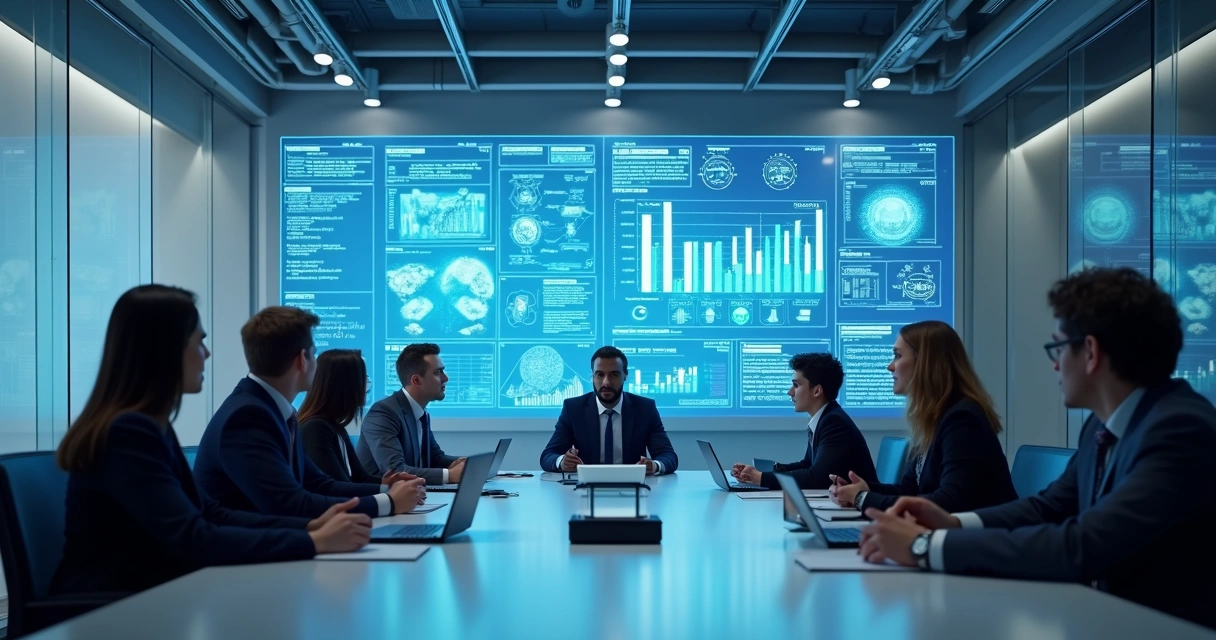 Equipe discutindo tática empresarial digital em ambiente moderno 