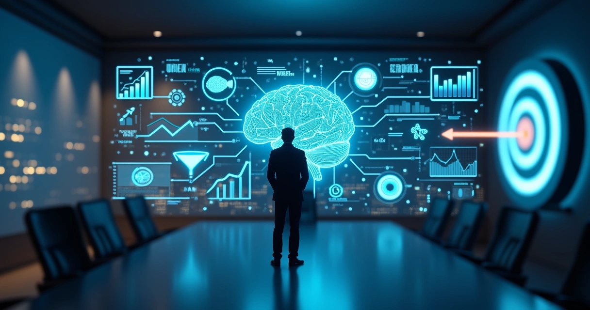 Painel 3D com executivo analisando estratégia empresarial guiada por IA 