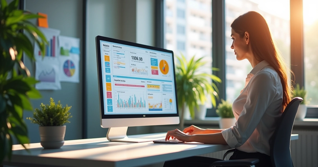 Profissional analisando gráficos de marketing digital em tela de computador com elementos de funil de vendas e automação 
