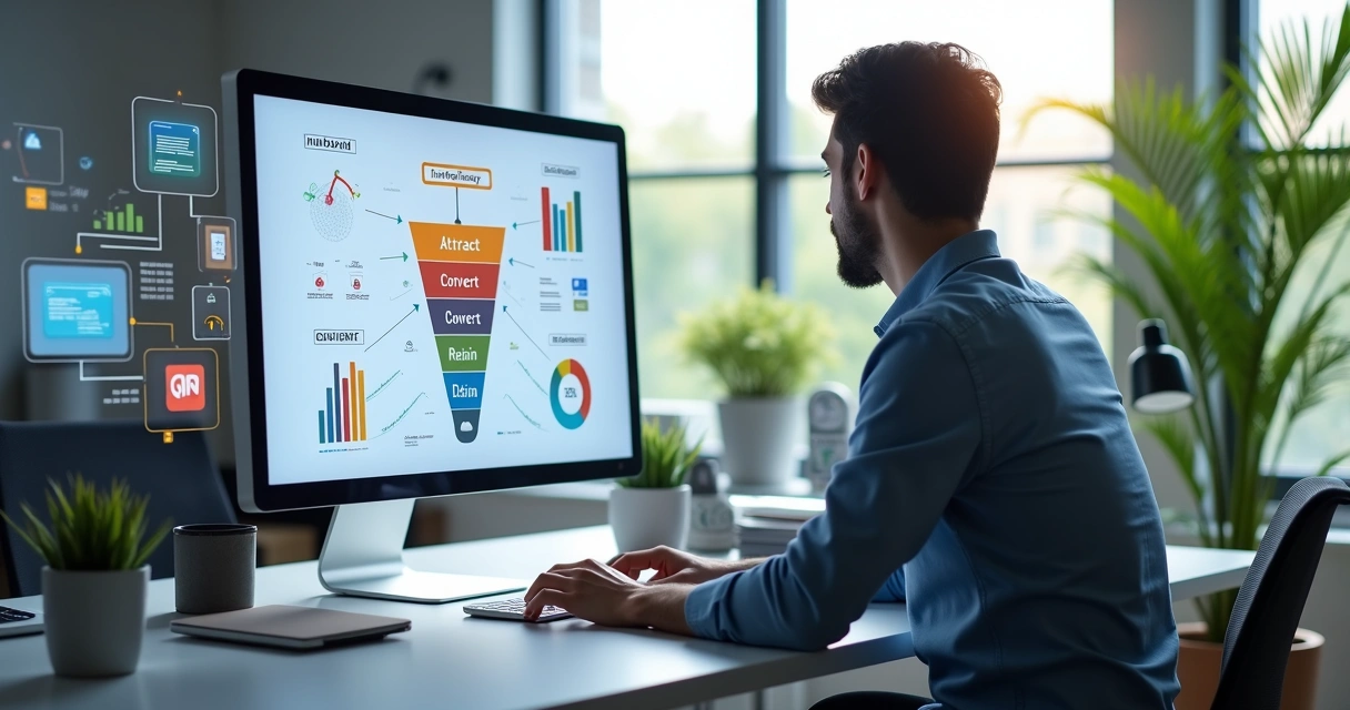 Profissional analisando gráficos de marketing digital em tela de computador com elementos de funil de vendas e estatísticas 