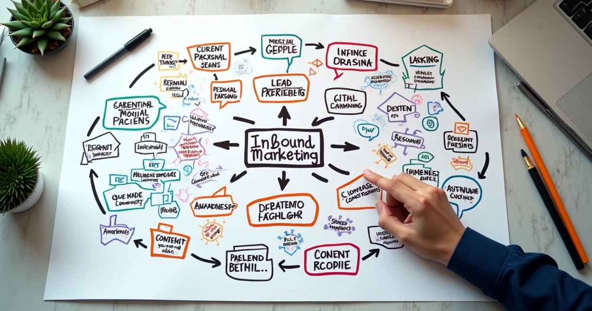 Mapa estratégico para inbound marketing digital com setas e etapas conectadas 