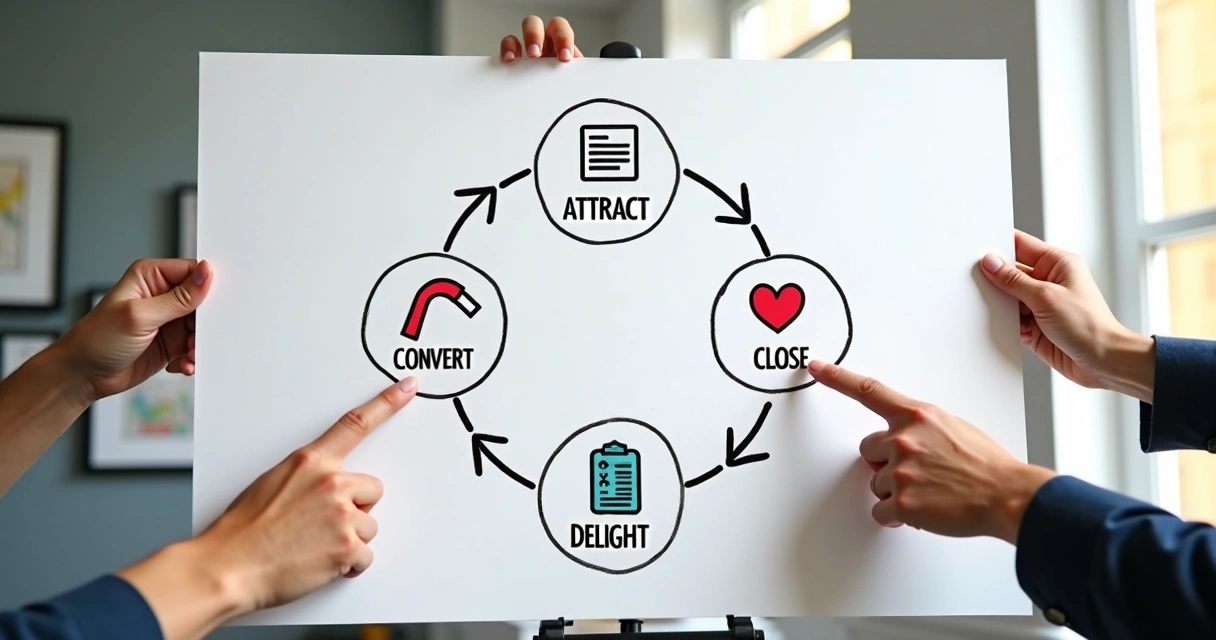 Diagrama simples mostrando as quatro etapas do inbound marketing interligadas 