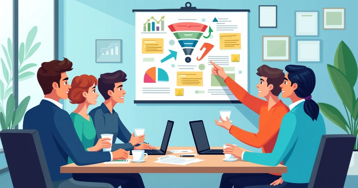 Equipe de marketing digital reunida em uma mesa planejando estratégias de inbound marketing 