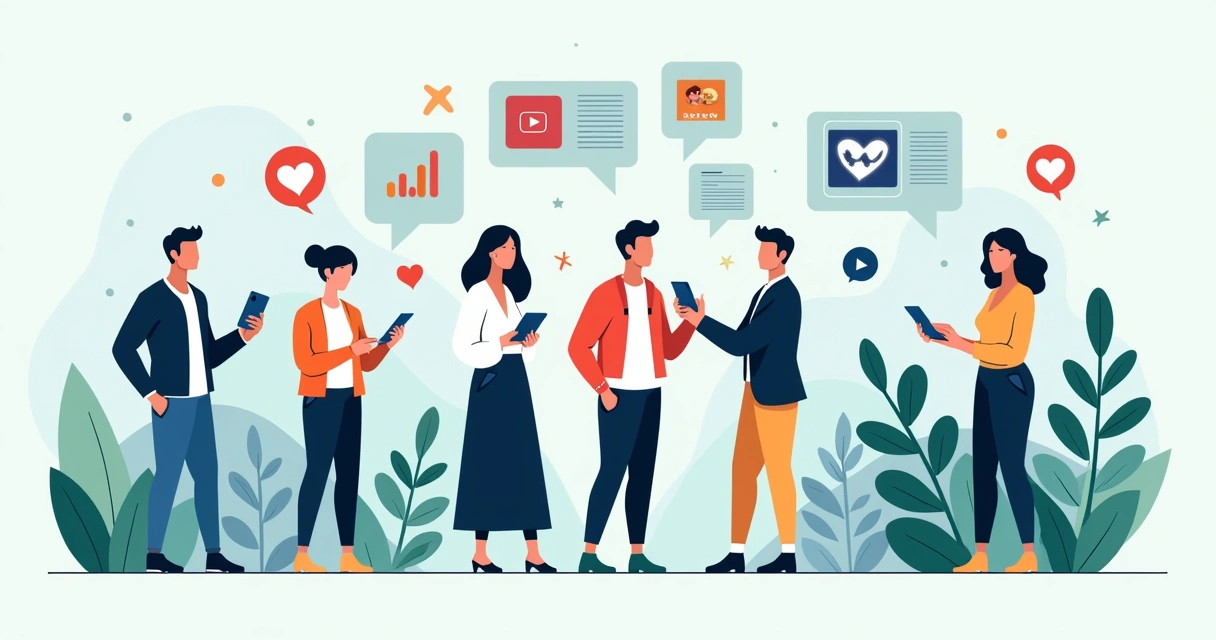 Ilustração corporativa mostrando influenciadores digitais diversos conectados a uma marca com gráficos de engajamento e redes sociais ao fundo