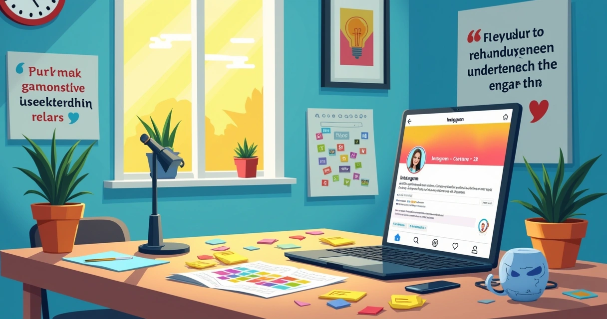 Espaço de trabalho vibrante com laptop exibindo perfil do Instagram, ideias de conteúdo e celular mostrando notificações.