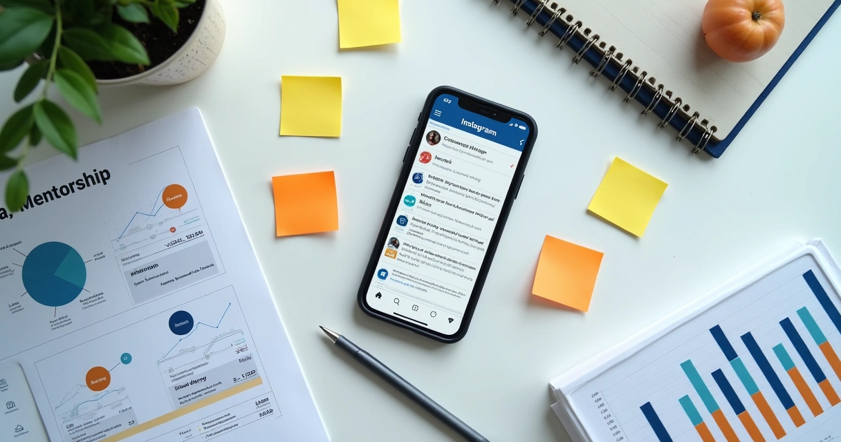 Celular com calendário de conteúdo e funil de mentoria na mesa
