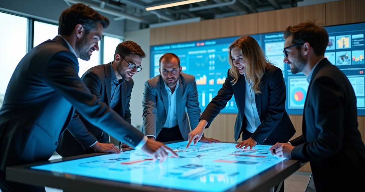 Equipe de marketing discutindo integrações do LinkedIn em um escritório moderno 