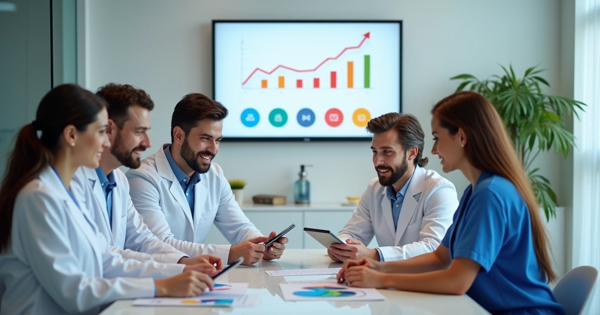 Clínica odontológica com profissionais discutindo estratégias com gráficos coloridos