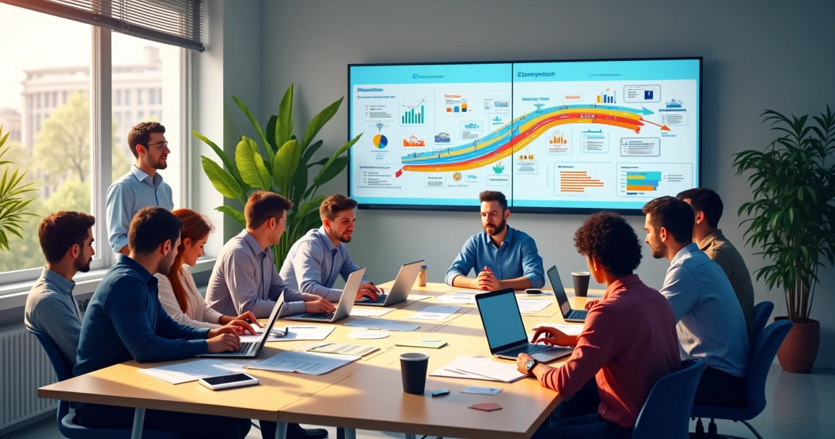 Equipe discutindo estratégias de investimento em canais digitais