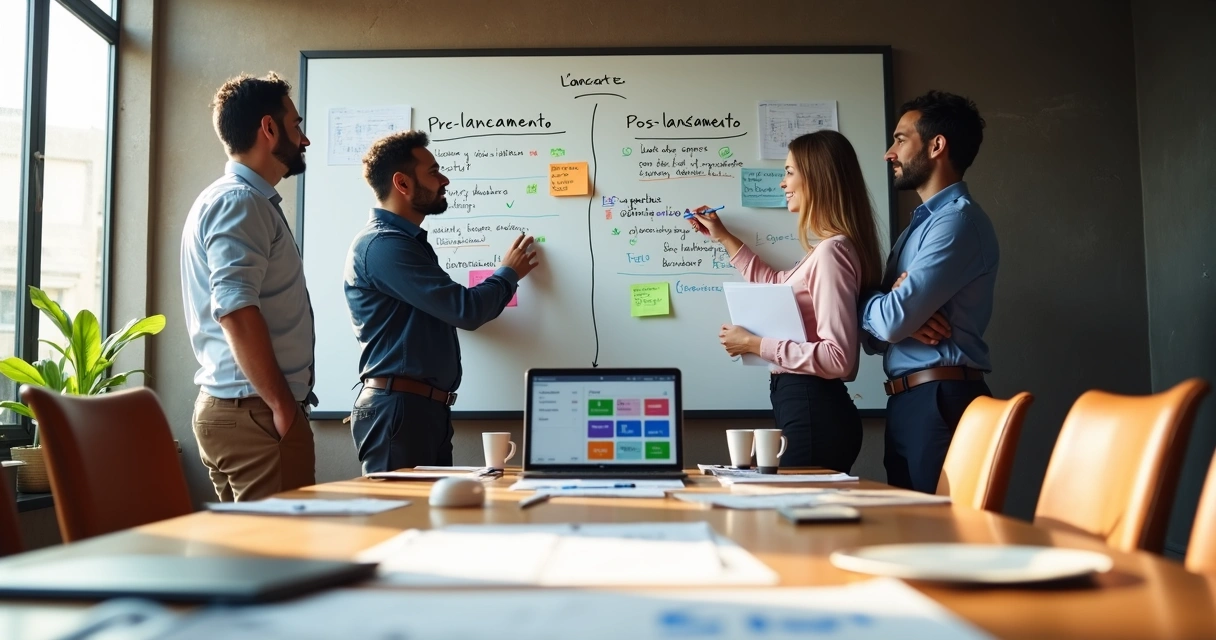 Quadro branco de planejamento de lancamento de produto em escritorio de pequena empresa 