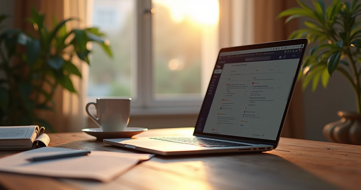 Mesa com notebook exibindo plataforma de leilões online, ao lado papéis com anotações e filtros de busca, caneta e café 