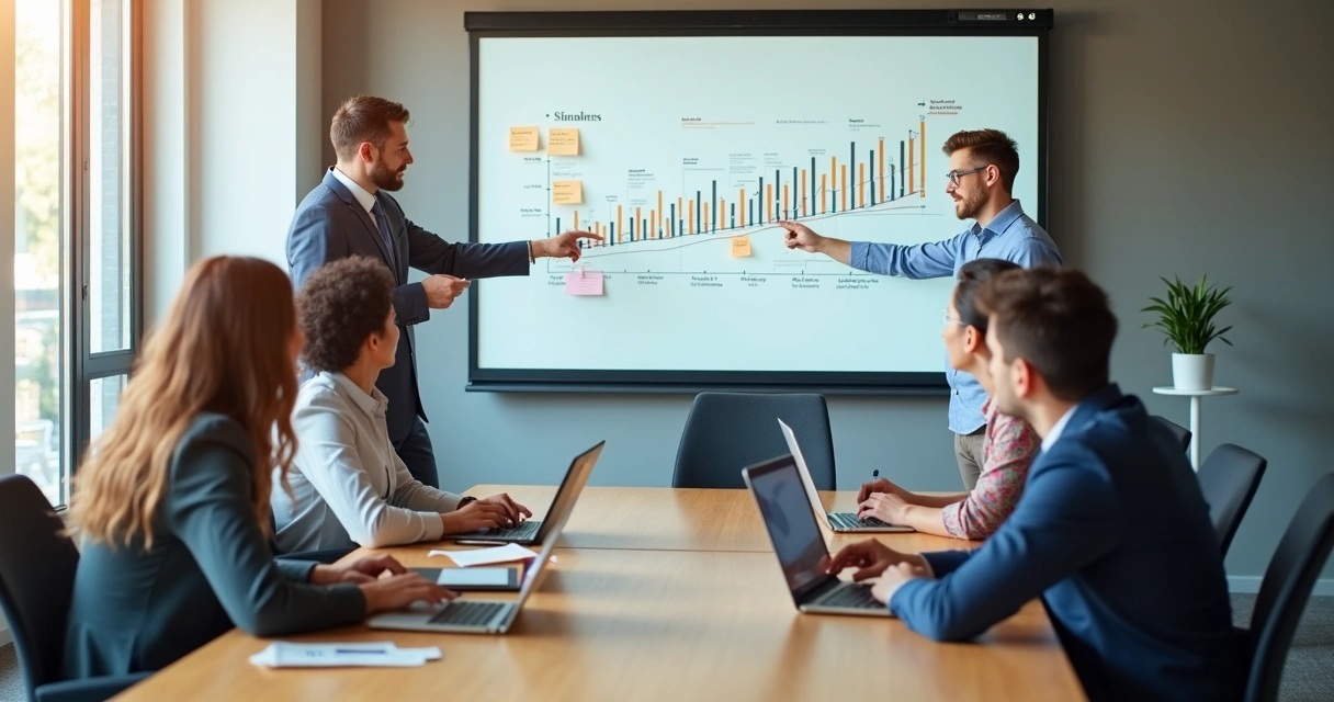 Plano estratégico com equipe reunida analisando quadro de metas