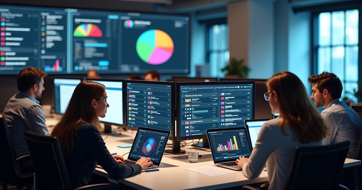 Equipe de marketing utilizando computadores para analisar base segmentada 