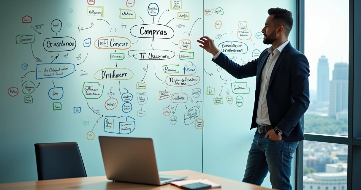 Dono de PME monta mapa de relacionamentos corporativos em parede de vidro 
