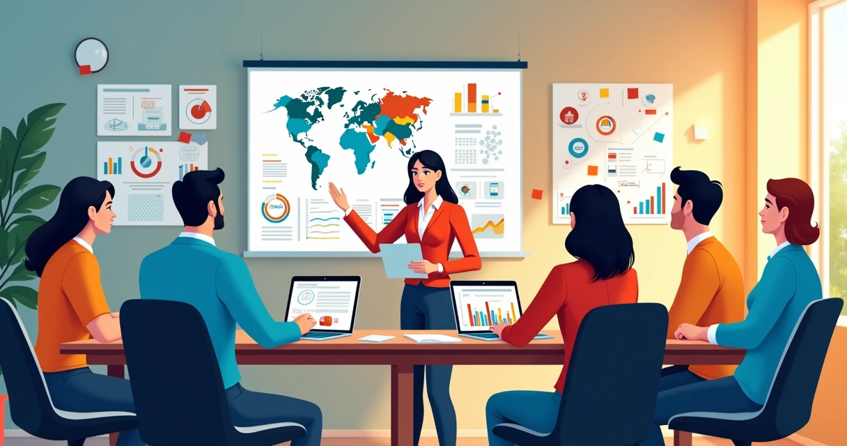 Equipe reunida planejando estratégias digitais de branding com painéis repletos de gráficos e post-its 