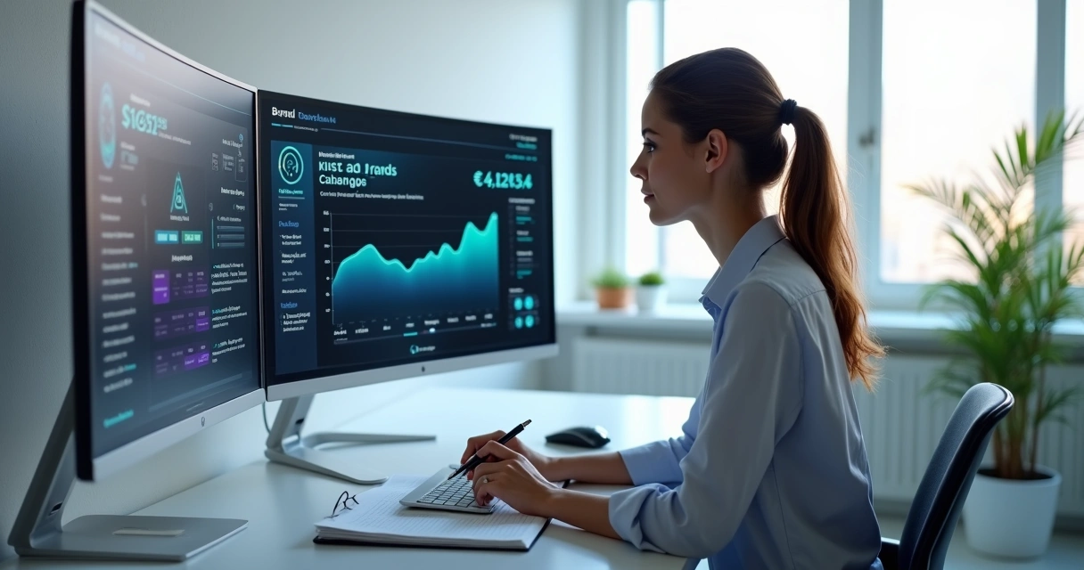 Empresária analisando painel digital com citações de marca por IA 