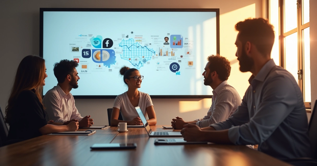 Equipe de marketing reúne ideias em sala de reunião, gráficos em tela mostram crescimento 