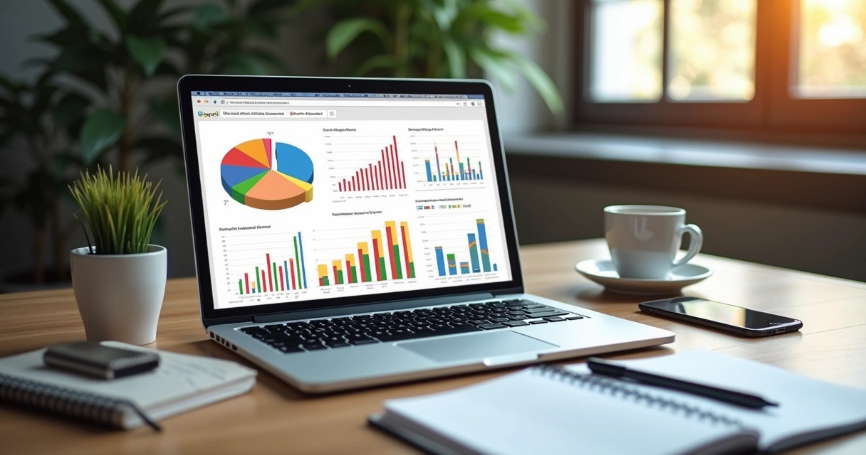 Mesa de trabalho com laptop aberto mostrando gráficos de marketing local, anotações e smartphone ao lado 