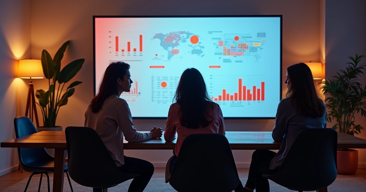 Time analisando painel digital com métricas de vendas online 