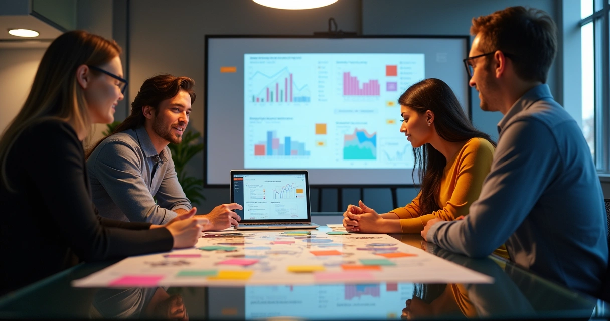 Equipe planejando estratégia digital em sala de reuniões 