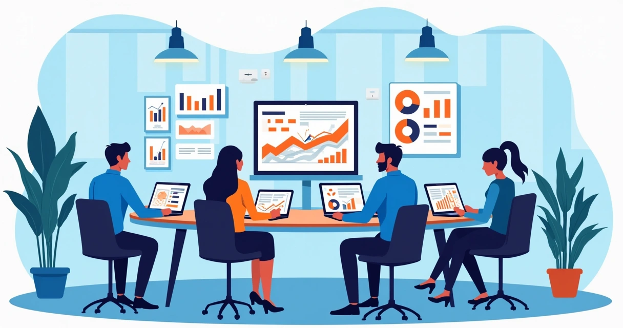 Equipe reunida analisando gráficos de campanhas digitais e estratégias em diferentes dispositivos 