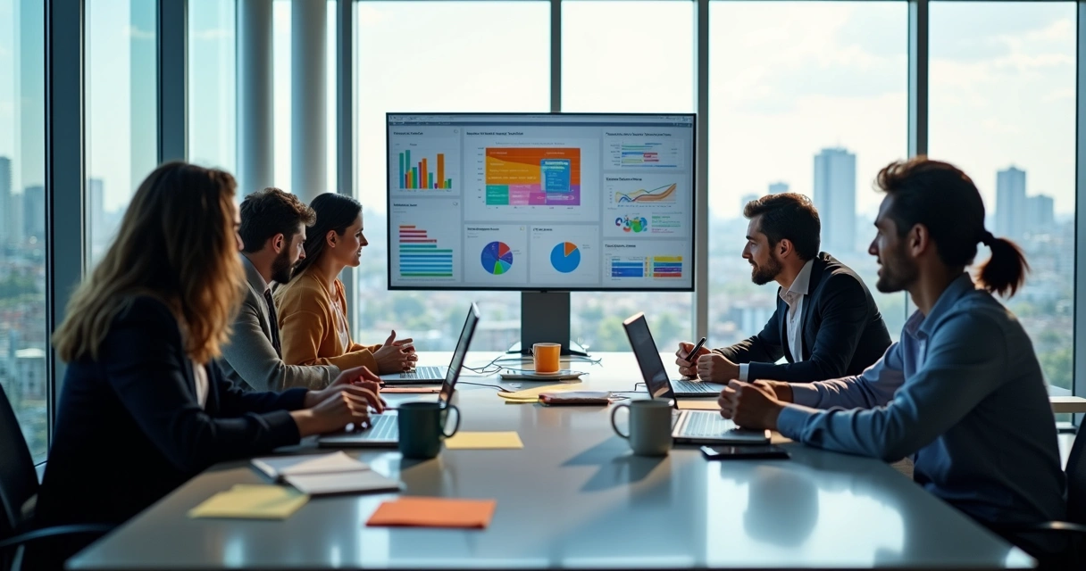Reunião de equipe de marketing analisando gráficos em notebooks