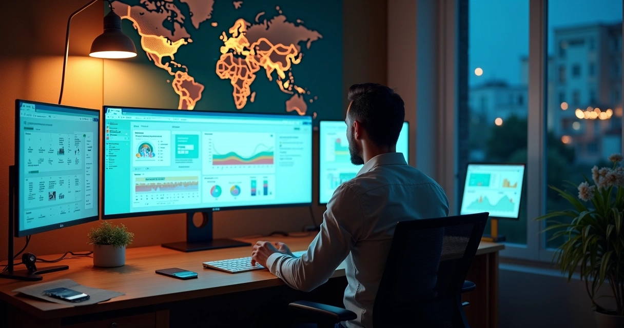 Gestor de hotel observando painel de campanhas digitais ligado a mapa de reservas 