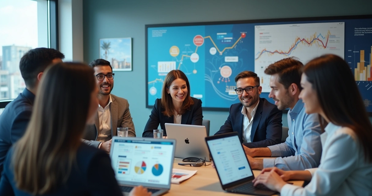 Equipe reunida discutindo estratégias de marketing digital em um escritório moderno 