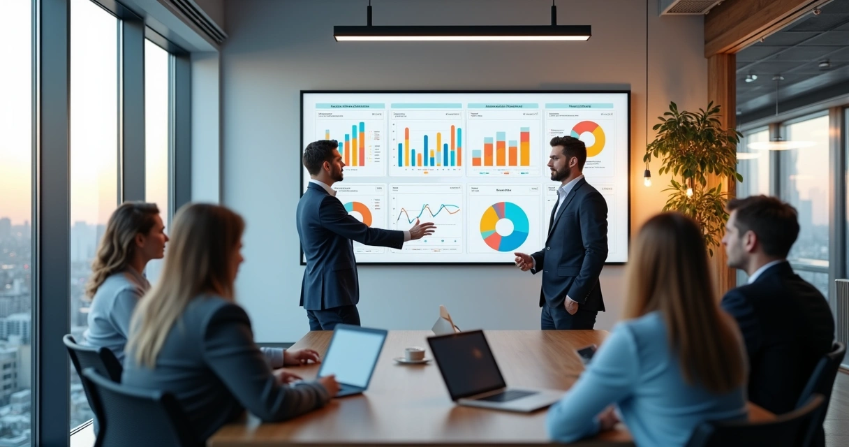 Sala de reunião moderna com quadro branco, gráficos de dados e equipe discutindo estratégias imobiliárias 