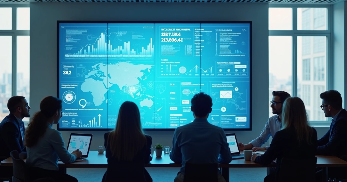 Reunião de equipe analisando marketing de influência digital 