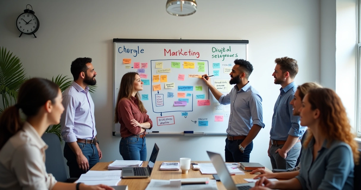 Equipe planejando estratégia de marketing digital para loja virtual em quadro branco