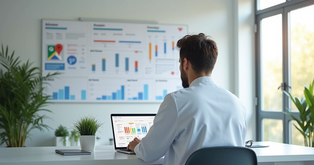 Gestor médico analisando gráficos digitais em um notebook em consultório moderno 