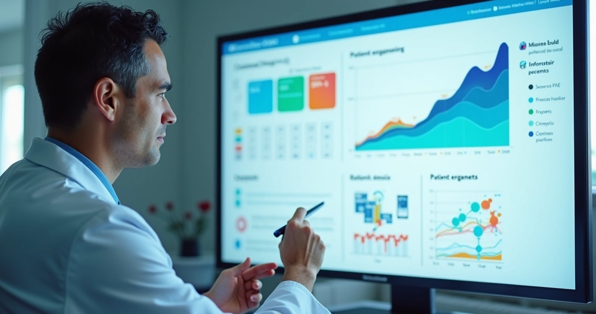 Médico avaliando gráfico de estratégia de marketing digital numa tela colorida 