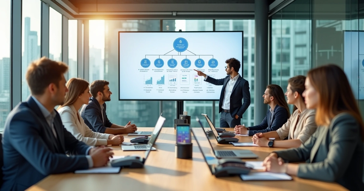 Rede de empreendedores em reunião analisando estratégia de marketing multinível com tecnologia de pagamentos 