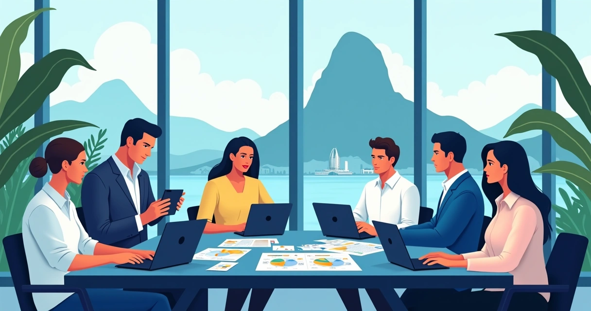Equipe de marketing eleitoral analisando dados no escritório com vista para o Pão de Açúcar 
