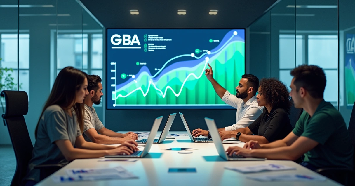 Equipe de marketing reunida em ambiente moderno analisando gráficos de desempenho 