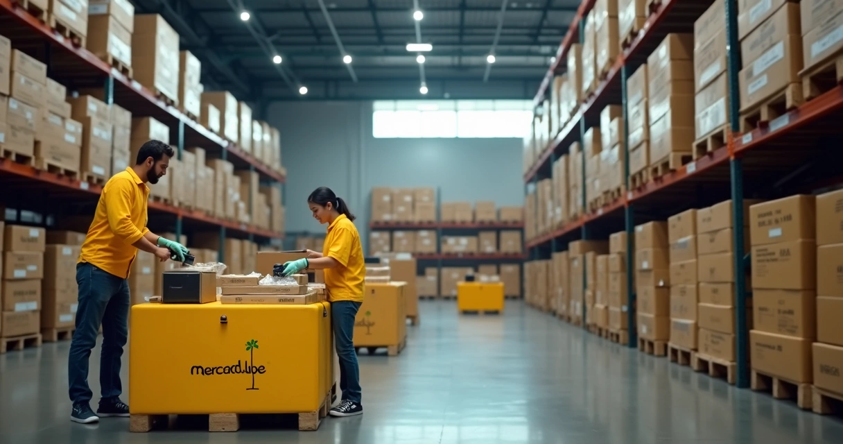 Funcionários organizando estoques e pacotes de frete do Mercado Livre 