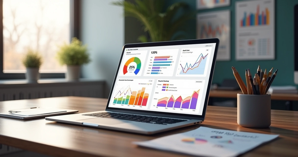 Mesa com computador exibindo dashboard de campanhas Meta Ads, gráficos de performance e anúncios integrados em destaque 