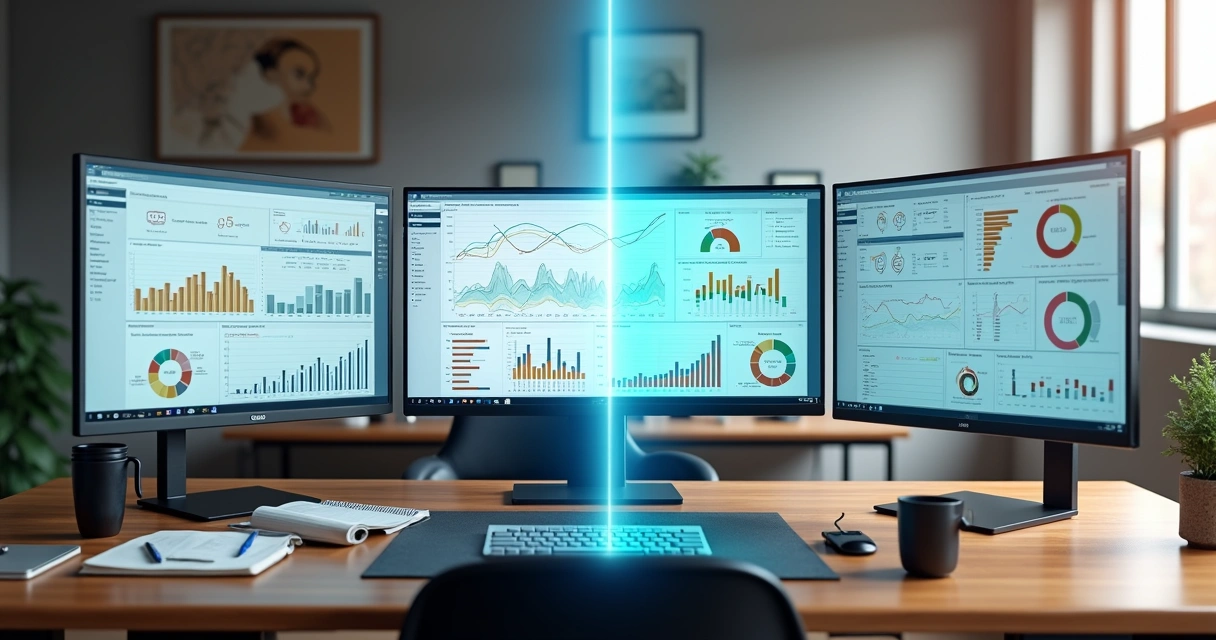 Mesa dividida com lado analítico detalhado e lado de painel pronto simples 