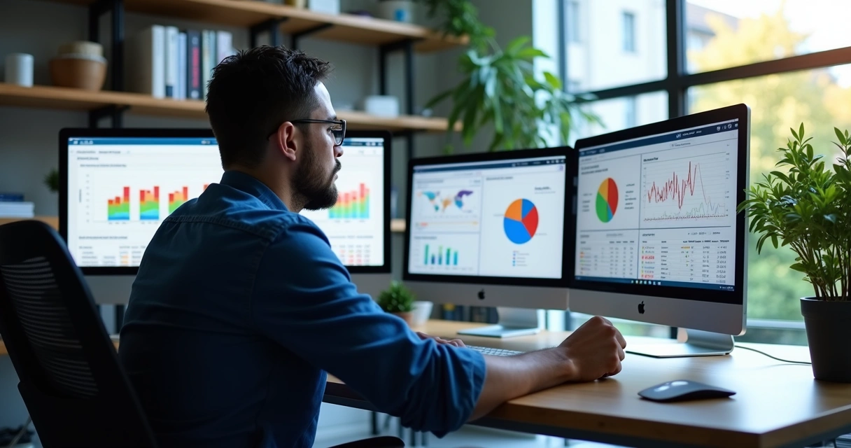 Profissional analisando gráficos de campanhas de mídia paga em múltiplas telas de computador com dados e métricas detalhadas 