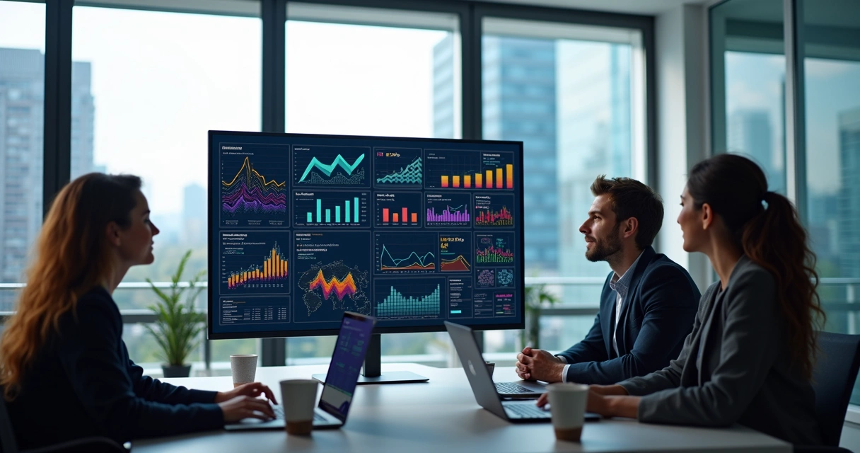 Profissionais em reunião analisando gráficos e dados de campanhas de mídia paga em escritório moderno e iluminado 