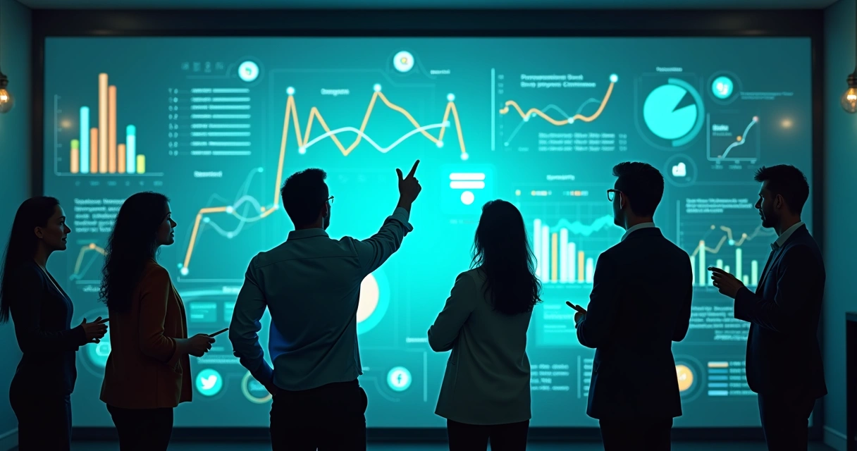 Equipe de marketing em frente a tela com múltiplos canais digitais