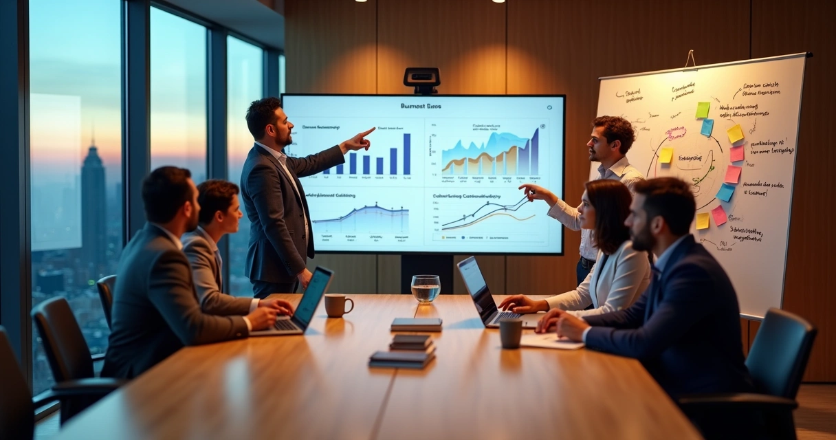 Empreendedores planejando negócio educacional com elementos digitais ao fundo 