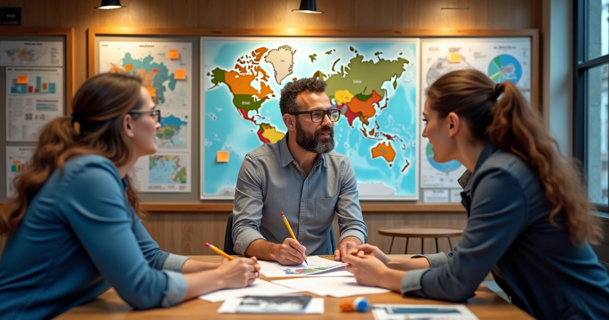 Planejamento de nicho em turismo, pessoas analisando mapas e gráficos 