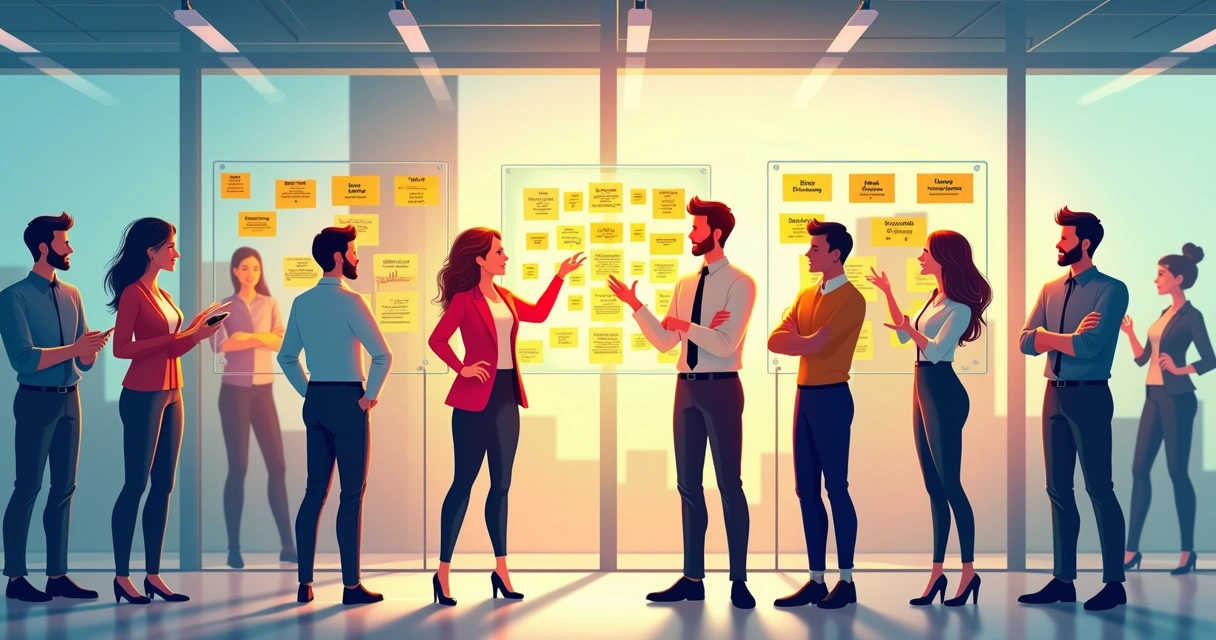Equipe reunida desenhando estratégias com quadros de OKRs 
