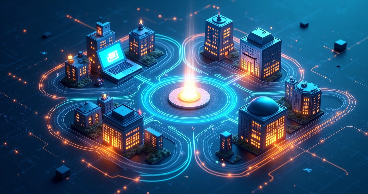 Mapa de canais de marketing interligados em formato de cidade digital 